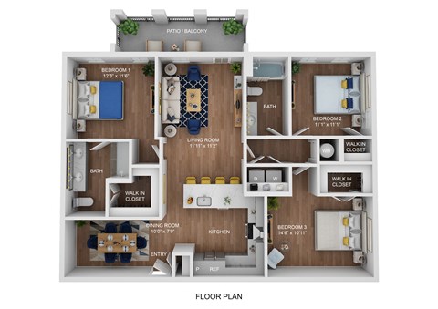 Floor plan for 3 beds, 2 baths, 1378 sqft